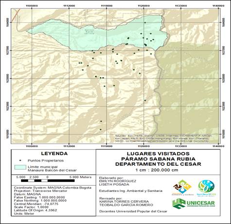 Figura 5.
            Lugares visitados en el área del páramo Sabana Rubia
            (algunos puntos fueron registrados en jurisdicción del
            municipio de San Diego y Agustín Codazzi (zona de alta
            montaña).