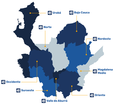 Figura 1.
            Presencia de los Comités Universidad Empresa Estado – CUEE
            en Antioquia [12].