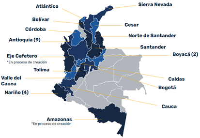 Figura 2.
            Presencia de los Comités Universidad Empresa Estado – CUEE
            en Colombia [12]